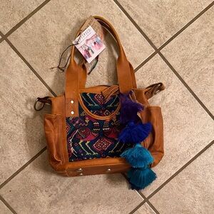Artisan Tan Leathet Tote with Vibrant Huipil Embroidery
